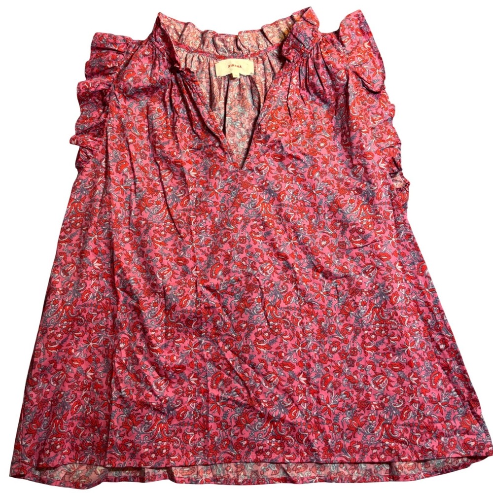 Xirena Blouse Women's Pink Floral Paisley Ruffle Cotton Flutter Sleeve Top Sz  L
